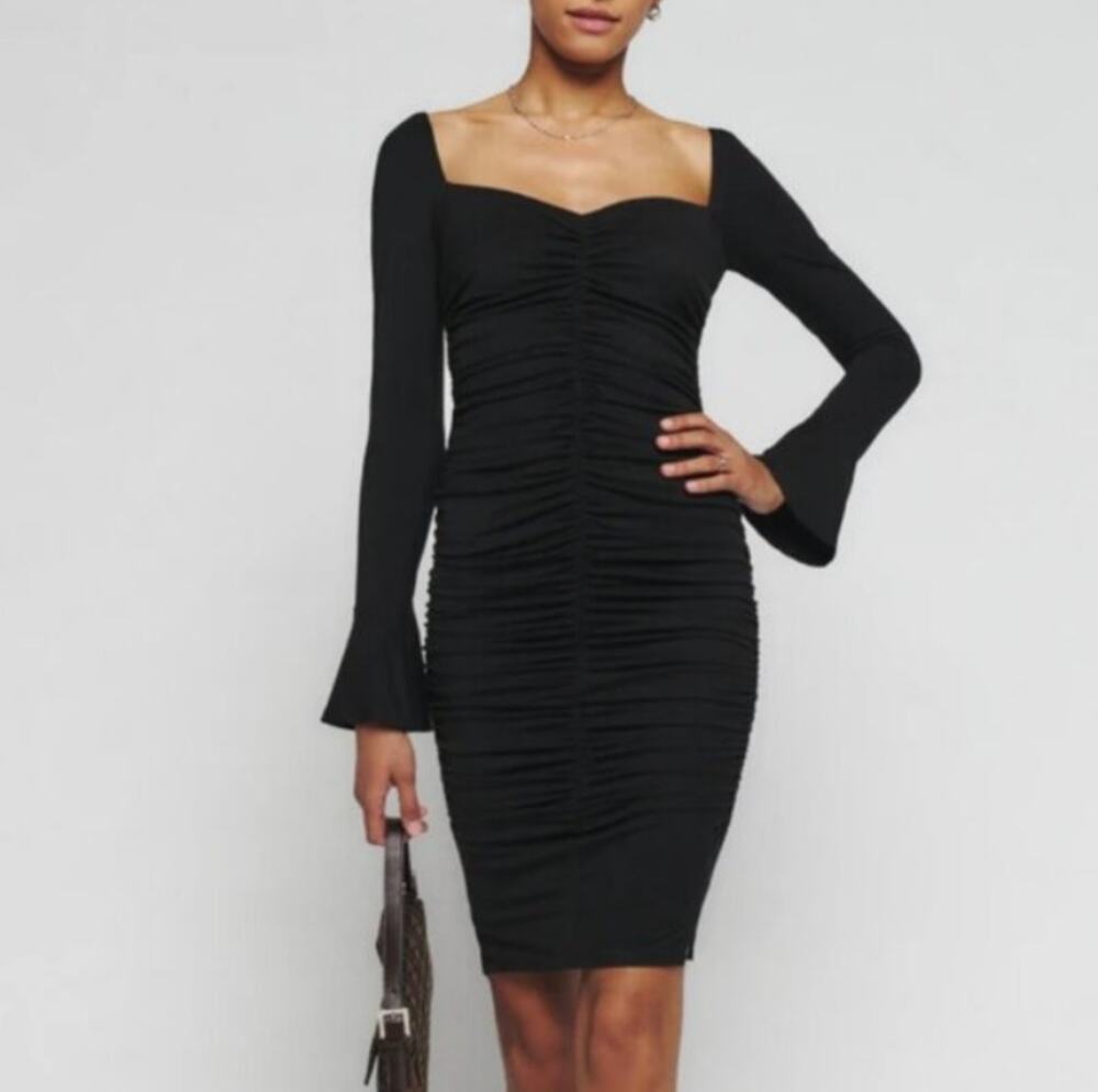 Reformation Barrie Knit Dress Black L NWT Ruched Bodycon LBD Cocktail Wedding